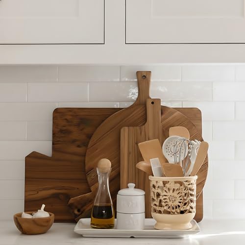 Farmhouse Kitchen Utensil Holder for Countertop, Ceramic Large Cooking Utensil Crock with Cork Mat, Decorative Rustic Utensil Holder for Kitchen Counter, Hollow Carving Flower, Beige | 6.9" Large Cooking Utensil Crock for Countertop, Decorative Rustic Ute