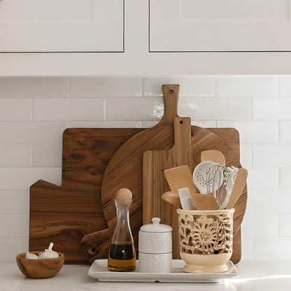 Farmhouse Kitchen Utensil Holder for Countertop, Ceramic Large Cooking Utensil Crock with Cork Mat, Decorative Rustic Utensil Holder for Kitchen Counter, Hollow Carving Flower, Beige | 6.9" Large Cooking Utensil Crock for Countertop, Decorative Rustic Ute