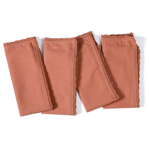 Ramanta Home Rust Linen Flax Cloth Napkins Set of 4, 18x18 Inches | Flax Lace Cotton Linen Reusable Decorative Scalloped Dinner Napkins with Mitered Corners for Weddings, Everyday Use - color: Rust, size: 18" x 18" (Set of 4)