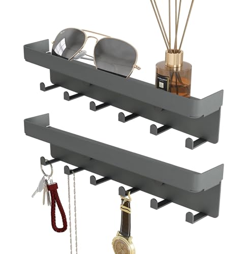 2 Pcs Wall Key Holder Rustic Key & Mail Organizer Adhesive Key Hooks, Gray | Small Key Rack with Tray 6 Key Hooks Hanger Wall Mount for Entryway Hallway Living Room Decor, Metal - color: Gray-2