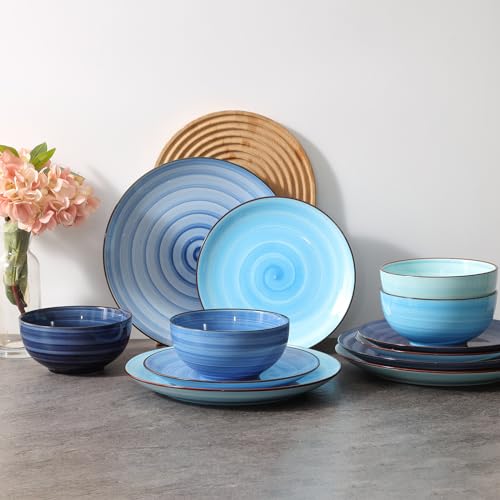 Selamica Ceramic Plates and Bowls Set, 24 Pieces Dinnerware Sets for 6, Scratch Resistant Dishes Set, Handpainted Swirl with Spot Dishwasher & Microwave Safe, Gradient Blue - color: Gradient Blue, size: 24 Pieces