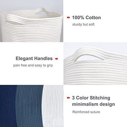 Cotton Rope Blanket Basket, 72L Tall Laundry Hamper, White & Blue | 16"x 22", Large Collapsible Woven Nursery Hamper with Sturdy Handles for Clothes Toys Towels, Bedroom Living Room Bathroom - color: White & Cadet Blue & Navy Blue, size: 72L (16"x22")