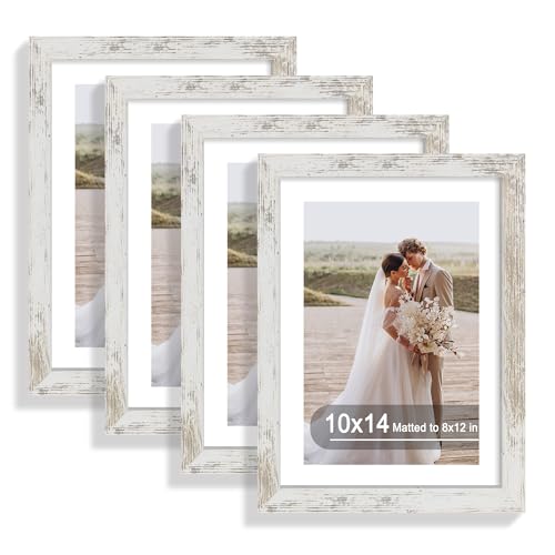 10x14 Picture Frame Set of 4, Made of Glass and Distressed White Wooden Frame, Display 8x12 Pictures with Mat or 30 x 40cm Diamond Painting Art without Mat for Wall Mounting, Gallery Photo Frames - color: Distressed White, size: 10x14 in