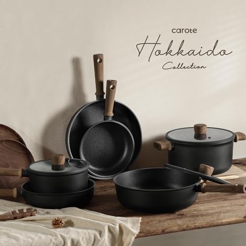 CAROTE 15pcs Cookware Set Nonstick pots and pans set black | Titanium Reinforced Coating, Scratch-Resistant, Easy to Clean, Even Heating, Induction Compatible, with Frying Pans Set - color: Black, size: 15 Piece