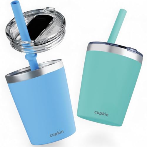 CUPKIN Toddler Cups with Straws, The Original 8 oz Stackable Stainless Steel Baby Straw Cup, Set of 2 Kids Cups, Powder Coated Insulated Kids Tumblers, No BPA Lids + Silicone Straws (Blue + Green) - color: Blue + Green, size: 8 Fl Oz (Pack of 2)