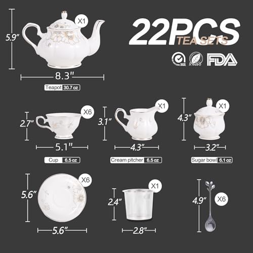 CHENP.HMC Tea Set 22-Piece Porcelain Ceramic Coffee Tea Gift Sets Cups Saucer Service for 6 Teapot Sugar Bowl Creamer Pitcher and Teaspoons (White) - color: White