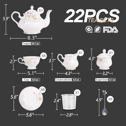 CHENP.HMC Tea Set 22-Piece Porcelain Ceramic Coffee Tea Gift Sets Cups Saucer Service for 6 Teapot Sugar Bowl Creamer Pitcher and Teaspoons (White) - color: White