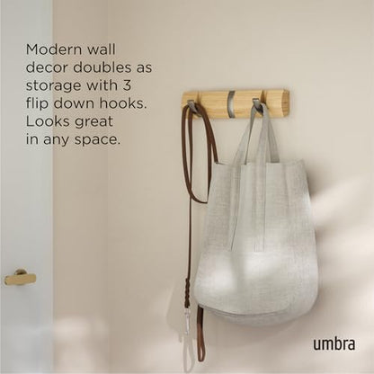 Umbra Flip Coat Rack, Wall Mount Retractable Hooks, 3-Hook, Natural/Nickel | Real wood and steel build, folds flat when not in use, holds coats bags and scarves, easy install - color: Natural/Nickel, size: 3-Hook