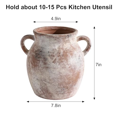 Ceramic Farmhouse Kitchen Utensil Holder for Countertop, Rustic Cooking Utensil Holder Crock Fit for Kitchen Counter. 6.2 x 6.2x 7 IN