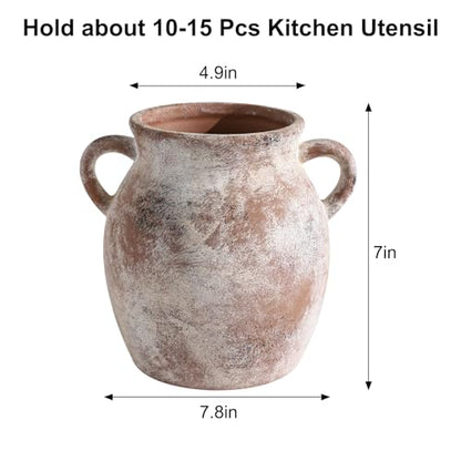 Ceramic Farmhouse Kitchen Utensil Holder for Countertop, Rustic Cooking Utensil Holder Crock Fit for Kitchen Counter. 6.2 x 6.2x 7 IN