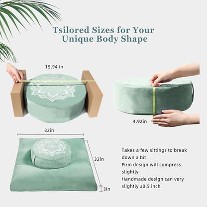 Meditation Cushion Set Zafu & Zabuton – Buckwheat Hull & Memory Foam, Adjustable Floor Pillow for Yoga, Meditation & Sitting, Removable Velvet Cover (Sage Green) - color: Sage Green