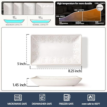 Salad Plates Set of 4, 9.85" Embossed Ceramic Rectangular Appetizer Plates, Deep Lipped Edges, Microwave & Dishwasher Safe, Dessert Sushi Pasta Serving Plates (White, Pinwheel Flower) - color: White (Pinwheel Flower), size: 9.85 inch