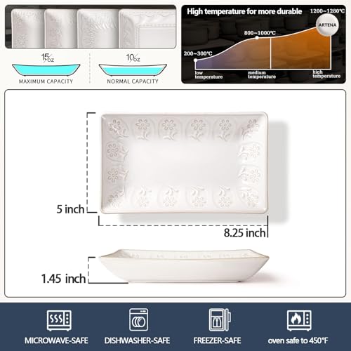 Appetizer Plates Set of 4, 8.25" Embossed Ceramic Rectangular Dessert Plates, Deep Lipped Edges, Microwave & Dishwasher Safe, Salad Sushi Snack Serving Plates (White, Pinwheel Flower) - color: White (Pinwheel Flower), size: 8.25 inch