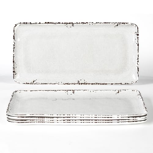 4-Pack 14" x 7" White Serving platter Set, Reusable Farmhouse Melamine Serving Platters for Cookie, Appetizer, Charcuterie, Snack, Party Food Display - Stackable Kitchen CounterTop Tray. - color: Farmhouse Rect Platter