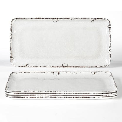 4-Pack 14" x 7" White Serving platter Set, Reusable Farmhouse Melamine Serving Platters for Cookie, Appetizer, Charcuterie, Snack, Party Food Display - Stackable Kitchen CounterTop Tray. - color: Farmhouse Rect Platter
