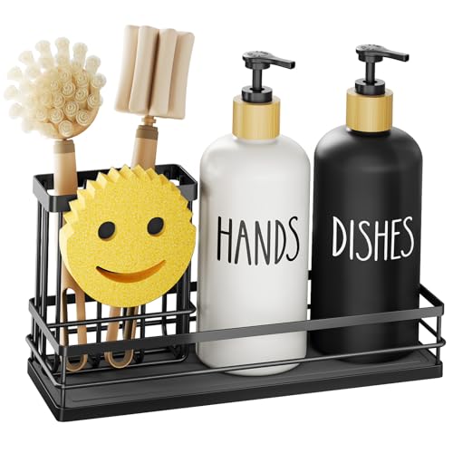 Moforoco Kitchen Dish Soap Dispenser Set, 16OZ Glass Bottle, Hand and Dish Soap Dispenser Set, Instant Dry Tray, Brush Holder with Smiley Face Sponge Holder (Black Tray+Black&White Bottle) - color: Black Tray+black&white Bottle