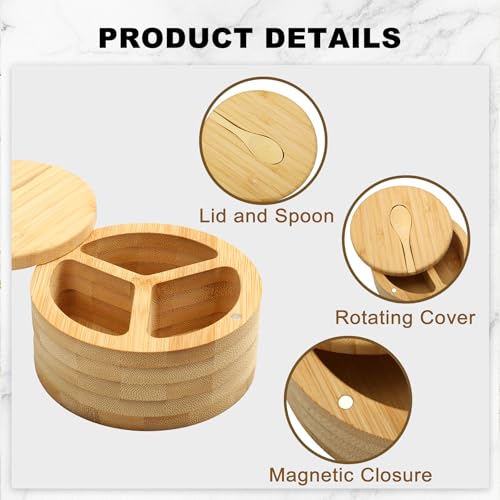 Salt Cellar - Salt Container Holder with Swivel Magnetic, 3 Compartment Salt Cellar with Lid and Spoon Holder, Wood Bowl Box, Salt and Pepper Bowls with Swivel Lid to Storage, 6OZ