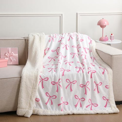 Tegeme Pink Bow Throw Blanket Sherpa Fleece Preppy Coquette Flannel Bow Blanket for Teen Girls Room Back to School Gift White Plush 50" x 60" Aesthetic Soft Bedding for College Dorm Bed Sofa Couch - color: Pink