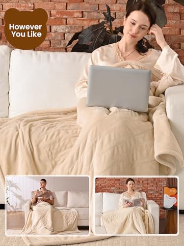 Bearhug Electric Blanket Throw Size, 50" x 60" Heated Blanket with 6 Heating Levels & 4H Auto Shut-Off, Machine Washable Soft Velvet to Sherpa Reversible Heated Throw for Office, Couch and Sofa Beige - color: Beige, size: Throw 50" × 60"