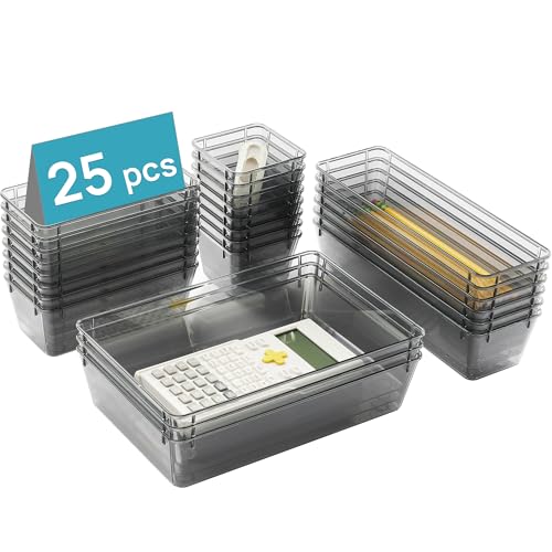 Vtopmart 25 Pack Plastic Drawer Organizers with Non-slip Rubber Pads | 4-Size Versatile Makeup Organizer, Storage Containers Small Bins for Makeup, Jewelries, Bedroom, Kitchen Utensils and Office - color: Clear Black