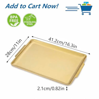 16.3" x 11" Large Serving Platters, Stainless Steel Heavy-Duty Large Serving Trays, Gold Rectangular Plates for Food, Fruit, Party, Wedding, Christmas, Chip and Scratch Resistant - color: Gold-40x28cm