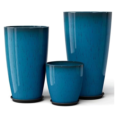 QCQHDU 24,21,11 inch Large Planters with Drainage Hole & Saucer, Set of 3 Plant Pots Tall Planter for Indoor & Outdoor Plants Home Modern Decor - color: Blue, size: 24,21,11 inch