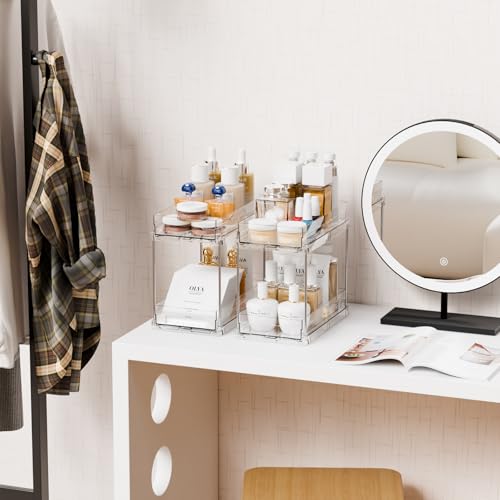 4 Set Bathroom Organizers and Storage,2 Tier Clear Under Sink Organizer and Medicine Cabinet Organizer for Kitchen,Pantry Storage,Pull Out Drawers for Skincare,Pill Bottle,Spice Organization