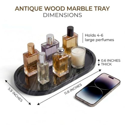 YKAJO Antique Wood Oval Marble Tray, 11.8x5.9 Vanity Perfume Organizer | Honed natural stone; jewelry & trinket dish, ring & key holder, soap & candle catchall; bath counter, dresser, coffee table - color: Antique Wood, size: 11.8" x 5.9" x 0.6"