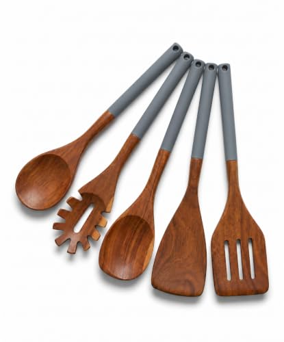 DI ORO Wooden Kitchen Utensil Set - 5-Piece Wooden Spoon & Spatula Set - Nonstick Cookware Safe Teak Wood Cooking Utensils - Heat-Resistant Kitchen Utensils Set with Silicone Handles (Dark Grey) - color: Dark Gray