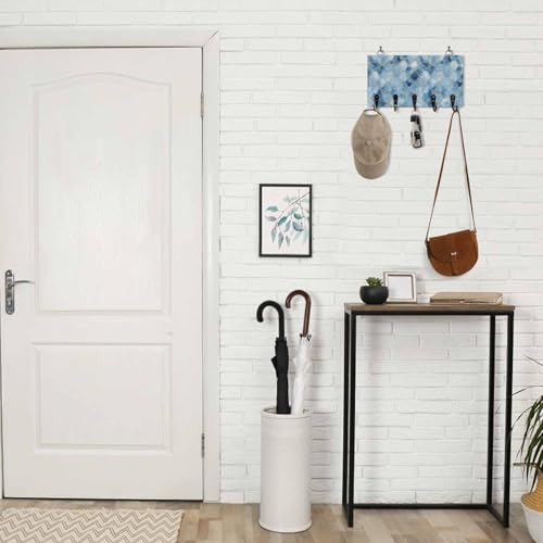 Key Holder for Wall Ombre Blue White Marble Decorative Hanging Key Rack Wall Mount with 5 Hooks Lattice Modern Art Organizer Wall Decor for Entryway Front Door Kitchen 9.4x5in