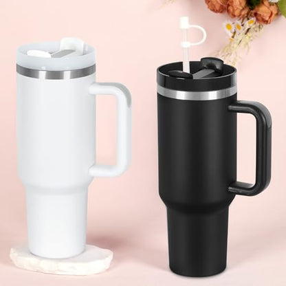 4 Pack 40 Oz Tumblers with Handle Bulk, Double Wall Vacuum Insulated Stainless Steel Tumblers with Lid and Straw, 40 oz Cups with Silicone Spill Proof Stopper Set (Black-2,White-2) - color: Black-2,White-2