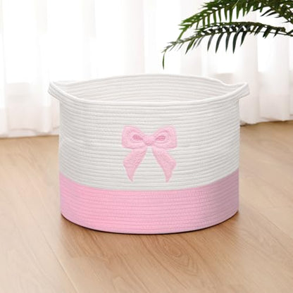 LemonRoad Pink Bow Extra Large Cotton Rope Basket 20"x14", Embroidered Woven Baby Laundry Blanket Basket Box with Handle Storage, Blanket Storage for Living Nursery Pillows Laundry Baby Toy Chest - style: Bow