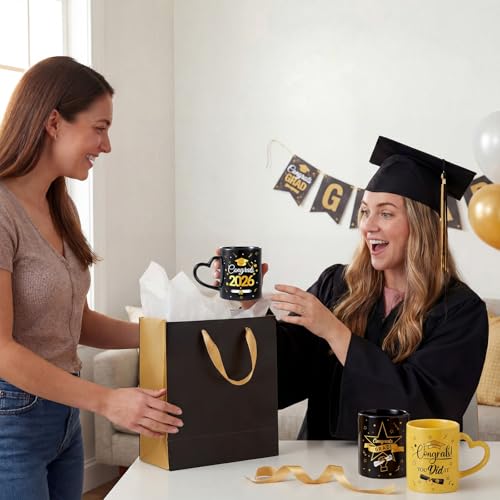 Pickmesh Graduation Coffee Mug Set of 6, 10 oz Ceramic Enamel Cups with Heart Handle, Black Gold Congrats Designs Class of 2026 Drinkware for Grad Gifts & Graduation Party Supplies - color: Black/Gold, style: Graduation