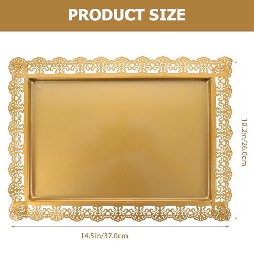 Ipetboom Rectangular Iron Serving Tray Decorative Food Plate with Hollow Lace Edge Gold Finish Multi-functional Fruit and Snack Display Dish for Home Entertaining