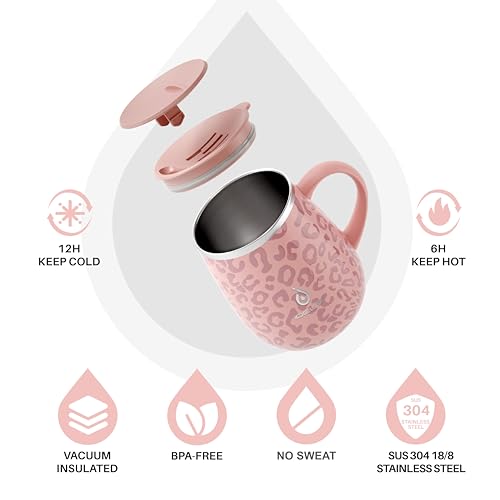 Ideus 16 oz Insulated Coffee Mug with Handle and Lid, Double Wall Stainless Steel Vacuum Thermal Coffee Mug, Travel Coffee Cup Thermal Cup for Home and Office (Leopard Pink, FUJI DAWN) - color: Leopard Pink