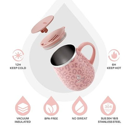 Ideus 16 oz Insulated Coffee Mug with Handle and Lid, Double Wall Stainless Steel Vacuum Thermal Coffee Mug, Travel Coffee Cup Thermal Cup for Home and Office (Leopard Pink, FUJI DAWN) - color: Leopard Pink