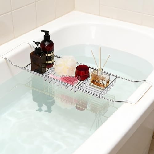 Bathtub Caddy Tray, Expandable Bath Tub Table with Removable Book Holder Red Wine Rack Holder, for Home Kitchen Bathroom, Sliver - color: Sliver