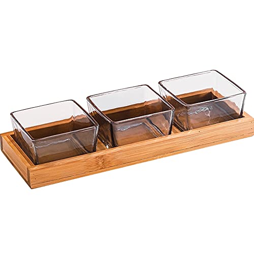 3 Compartment Glass Fruit Bowl with Wooden Tray Creative Snack Serving Tray Divided Serving Platter Reusable Ice Cream Cups Removable Salad Bowls for Snack Candy Nuts Desserts Smoky Gray - color: Smoky Gray, size: 3 Compartment