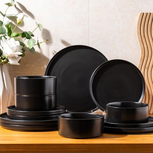 GBHOME Ceramic Dinnerware Sets of 4,Stoneware Plates and Bowls Sets,Chip and Crack Resistant | Dishwasher & Microwave Safe Dishes Set,Scratch Resistant- Service for 4 (12pc)-Matte Black | Lightweight Ceramic Dish Set,Oven & Microwave,Dishwasher Safe,Scrat
