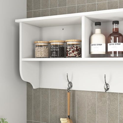 Wall Mounted Coat Rack Shelf,4 Dual Hooks,3 Cubbies,White | 4 dual nickel finish hooks.3 built-in cubbies plus shelf.Holds 55 lbs,MDF,smooth laminate finish.Easy clean,hardware included - color: White