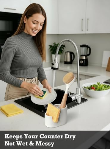 Ceramic Sponge Holder for Kitchen Sink, 2-in-1 Sponge & Brush Organizer, Compact Countertop Sink Caddy with Raised Edge to Catch Drips, Keeps Countertops Dry, Dishwasher Safe, Rustproof, White - size: L-Shape
