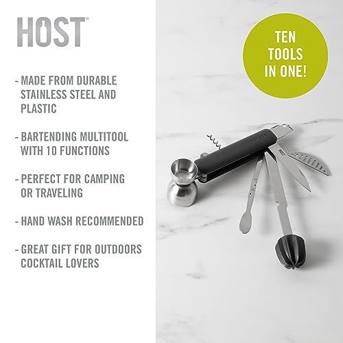 HOST All in One Bartender Multitool Set, 10 in 1 Bar Tool with Strainer, Muddler, Reamer, Jigger, Stirrer, Zester, Corkscrew, Opener, Knife and Channel Knife for Camping, Travel and Outdoor Use - style: Bar10der 10 in 1 Tool