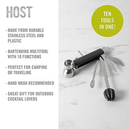 HOST All in One Bartender Multitool Set, 10 in 1 Bar Tool with Strainer, Muddler, Reamer, Jigger, Stirrer, Zester, Corkscrew, Opener, Knife and Channel Knife for Camping, Travel and Outdoor Use - style: Bar10der 10 in 1 Tool