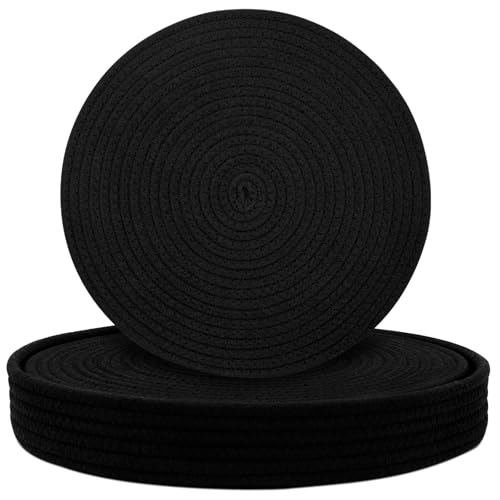 Round Placemats Set of 6 with Holder, Cotton Rope Woven Place Mats, Hot Pads for Kitchen, Heat Resistant Table Mats, 13 Inch Farmhouse Washable Braided Placemat for Kitchen Decor (Black) - color: Black
