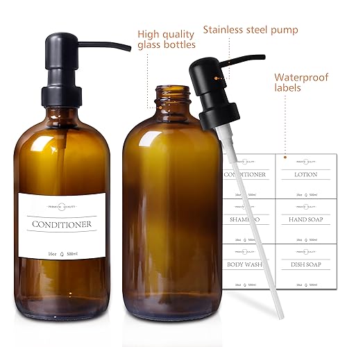 Glass Bathroom Accessory 5 Pcs | 2 Pcs 16oz Amber Soap Dispensers with Stainless Steel Pumps, 2 Pcs Qtip Holder Dispensers with Labels & Bamboo Tray