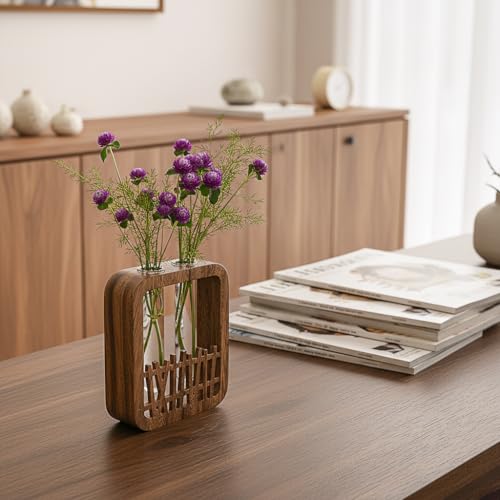 Walnut Wood Terrarium Planter - 2 Glass Test Tube Vase & Boho Plant Stand for Hydroponics, Home Office Desk Decor, Unique Housewarming Birthday Gifts for Women Plant Lovers - size: Double Tube