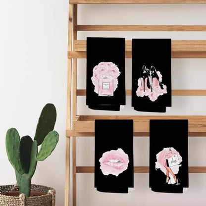 SPBL&L Pink and Black Hand Towels for Bathroom Set of 4, Women's Fashion Black Hand Towels for Bathroom, 16x24 Inches - color: Bathroom-black Five