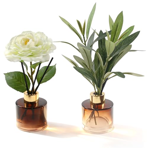 Empty Reed Diffuser Set, Glass Diffuser Bottle Jar with Sticks and Fake Greenery Olive Plants, Fragrance Aromatherapy Essential Oil DIY Bottle Jar for Home Shelf Bedroom Bathroom Office Decor - color: Coffee Color-2p