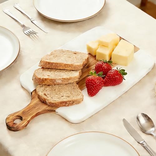 Cutting Board for Kitchen – 13.8" x 7.3" Wooden Serving Board with Handle for Steak Bread Cheese & Fruits – Marble and Acacia Butcher Block Chopping Board, Easy to Clean - color: White
