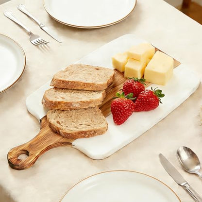 Cutting Board for Kitchen – 13.8" x 7.3" Wooden Serving Board with Handle for Steak Bread Cheese & Fruits – Marble and Acacia Butcher Block Chopping Board, Easy to Clean - color: White